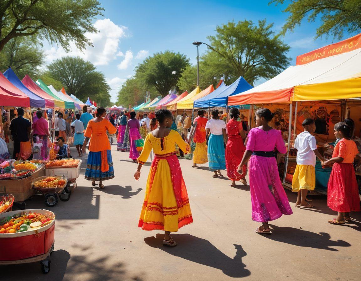 A lively scene showcasing diverse community events in Alief, featuring families enjoying a vibrant festival with colorful stalls, joyful children playing, and performers entertaining a happy crowd. Include cultural elements that represent the spirit of Alief, such as traditional dances and local cuisine vendors. Bright, cheerful colors and a sunny atmosphere should embody the essence of joy and community. super-realistic. vibrant colors. dynamic composition.