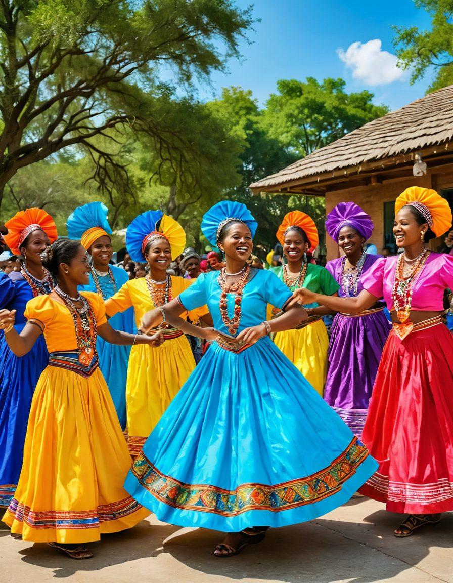 A vibrant celebration scene depicting diverse members of the Alief community joyfully engaging in dance, music, and shared laughter. Colorful decorations and traditional attire represent the rich cultural heritage, with a backdrop of lush greenery and a clear blue sky. Children are playing, while elders share stories, showcasing a sense of unity and joy. Bright colors highlight the festive atmosphere, drawing viewers into the blissful spirit of togetherness. super-realistic. vibrant colors. outdoor setting.