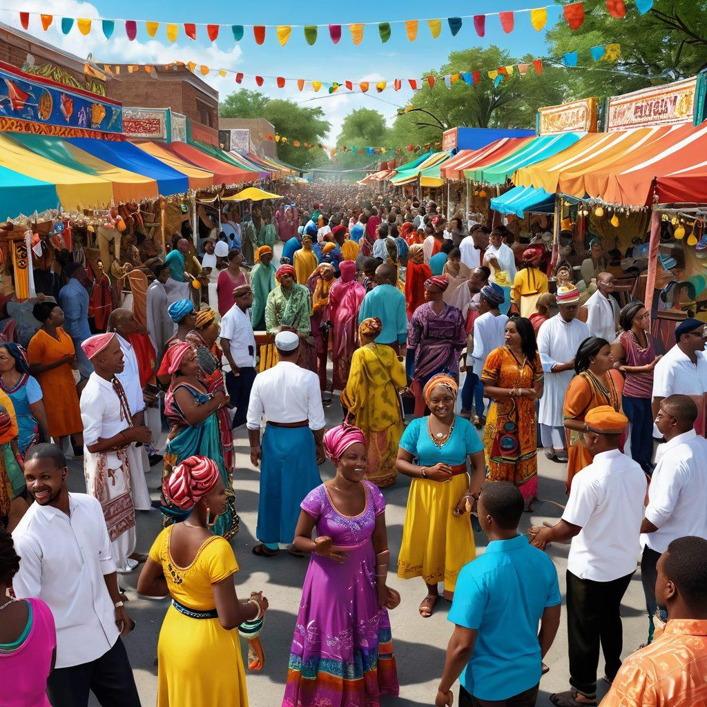 A vibrant gathering of diverse people in Alief, showcasing traditional clothing and joyful expressions, surrounded by colorful decorations and cultural symbols reflecting community spirit. Incorporate elements like food stalls, music instruments, and dance in the background to emphasize celebration and unity. super-realistic. vibrant colors. 3D.
